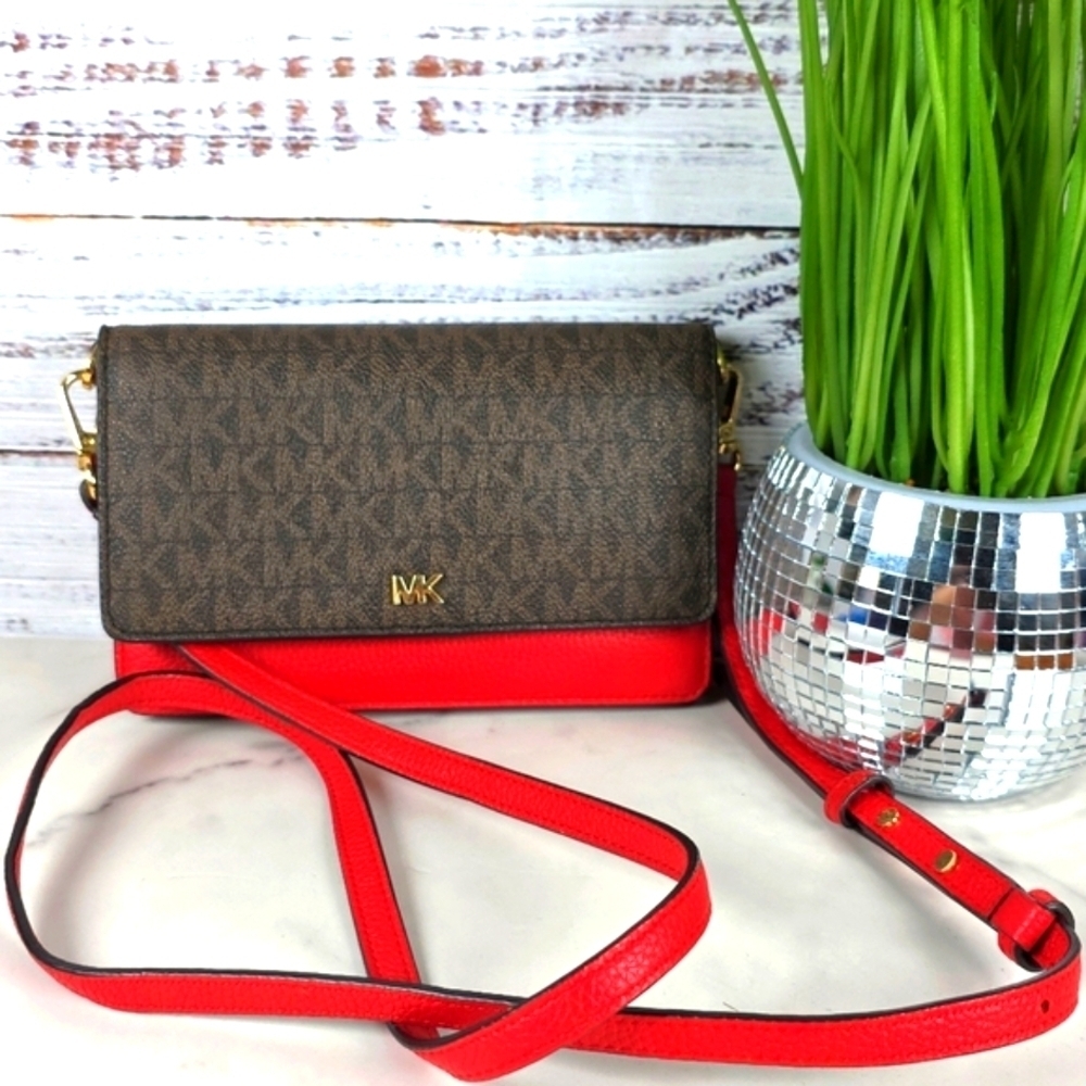 MICHAEL KORS‎ LOGO CROSBODY BAG RED BROWN LEATHER CONVERTIBLE PURSE CLUTCH GUC